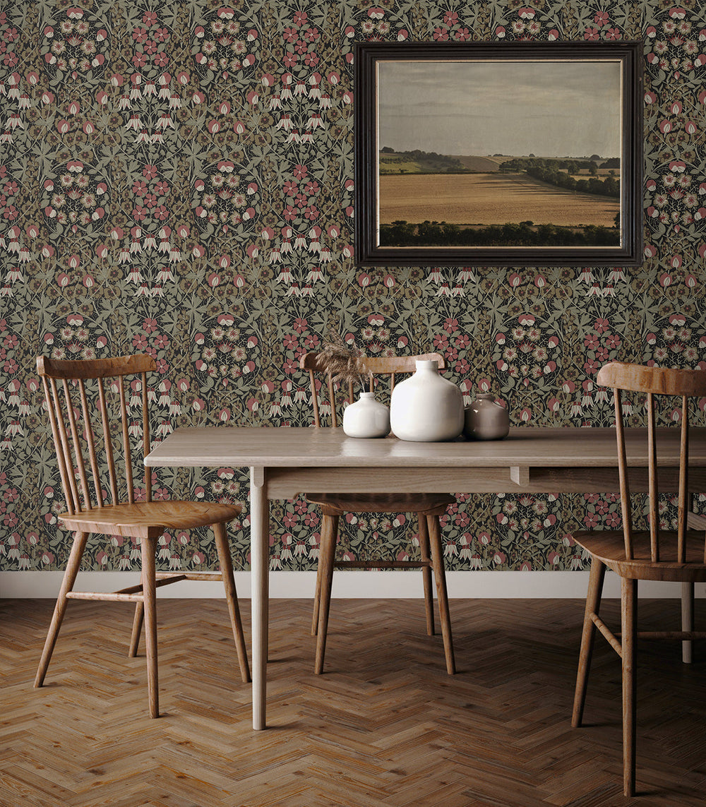 Tulip Garden Prepasted Ebony & Red Clay PR10406 by Seabrook Designs Designer Wallpaper