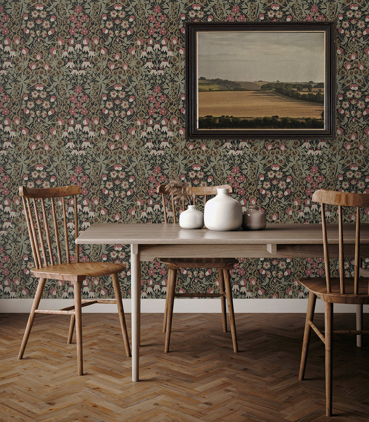 Tulip Garden Prepasted Ebony & Red Clay PR10406 by Seabrook Designs Designer Wallpaper