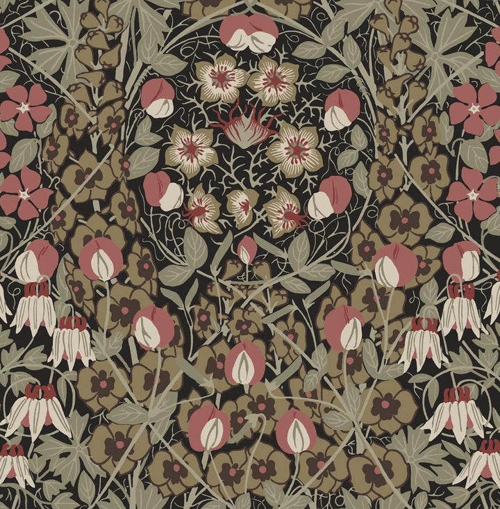 Tulip Garden Prepasted Ebony & Red Clay PR10406 by Seabrook Designs Designer Wallpaper