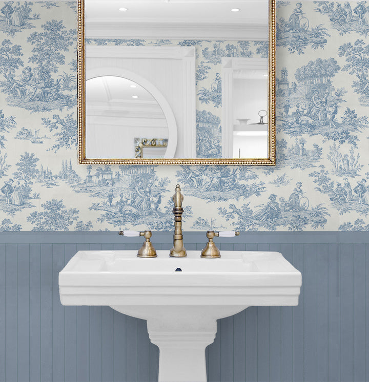 Chateau Toile Prepasted Blue Bell PR10602 by Seabrook Designs Designer Wallpaper