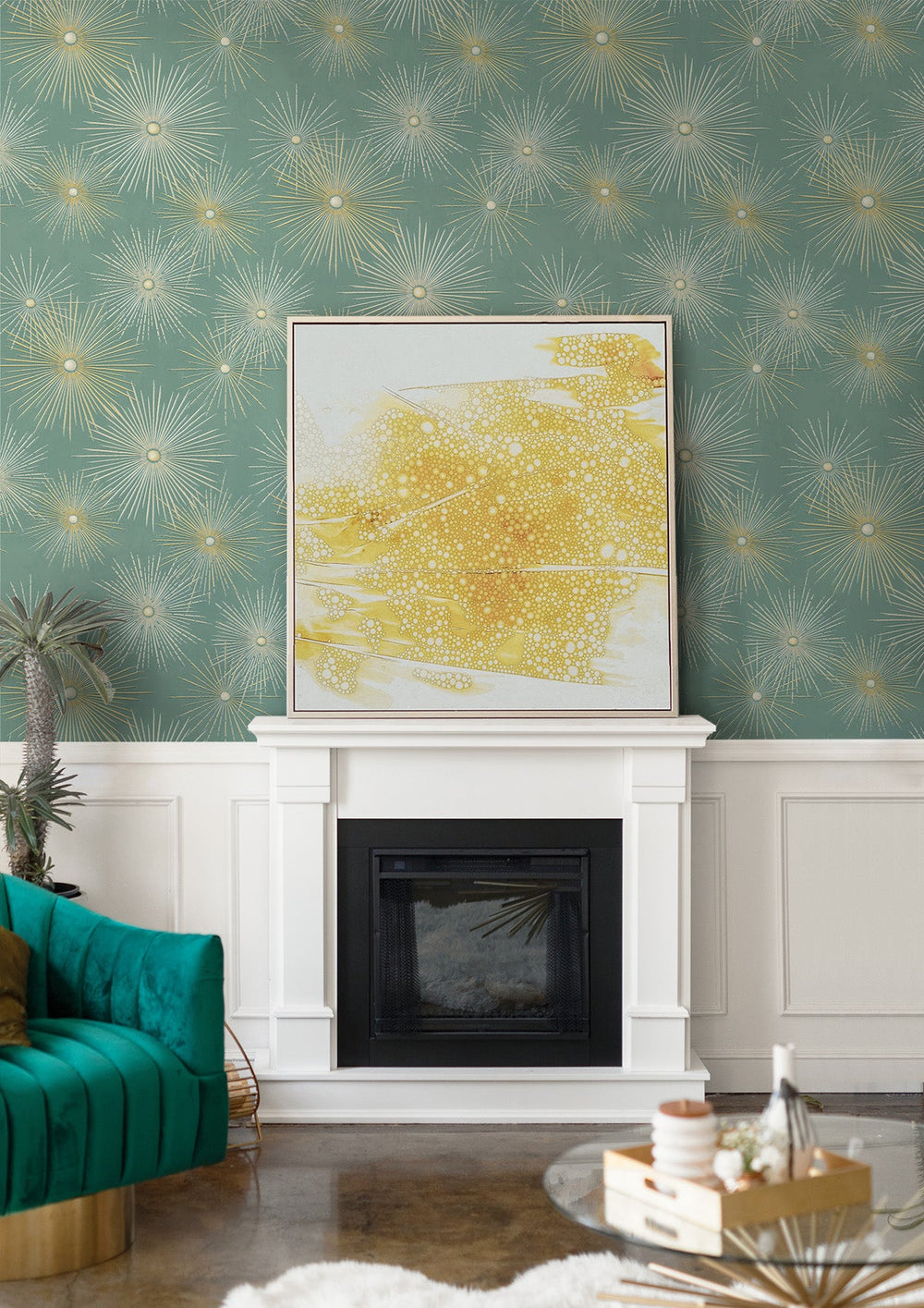 Starburst Geo Prepasted Teal & Gold PR11004 by Seabrook Designs Designer Wallpaper