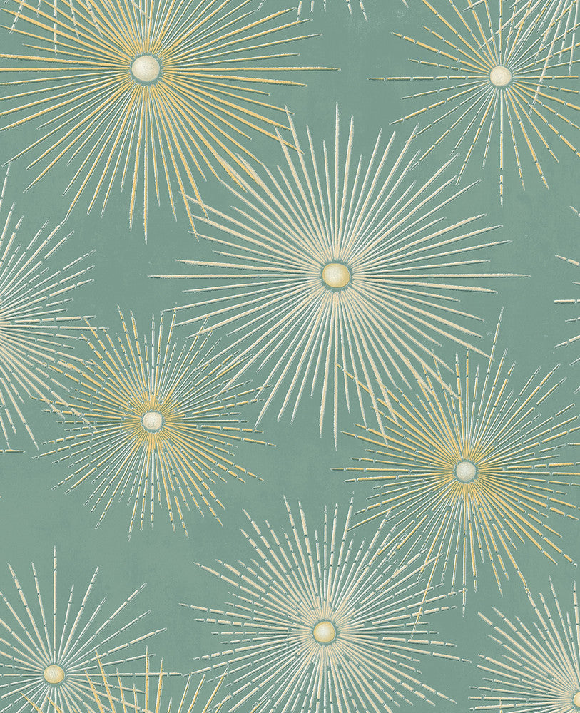 Starburst Geo Prepasted Teal & Gold PR11004 by Seabrook Designs Designer Wallpaper