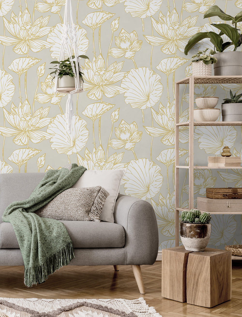 Lotus Floral Prepasted Grey & Gold PR11308 by Seabrook Designs Designer Wallpaper