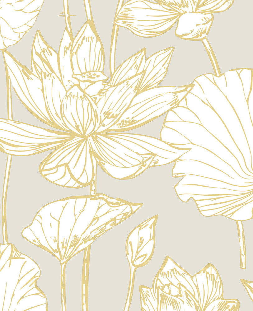 Lotus Floral Prepasted Grey & Gold PR11308 by Seabrook Designs Designer Wallpaper