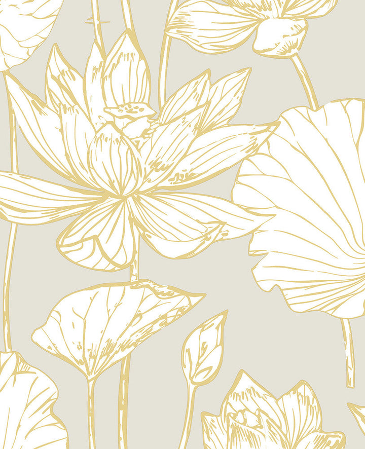 Lotus Floral Prepasted Grey & Gold PR11308 by Seabrook Designs Designer Wallpaper