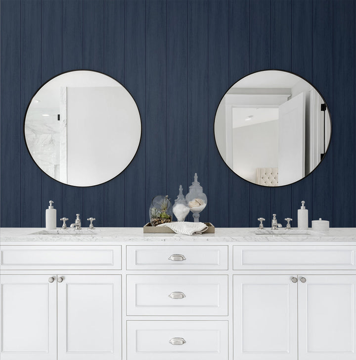 Faux Wood Panel Prepasted Naval Blue PR11602 by Seabrook Designs Designer Wallpaper