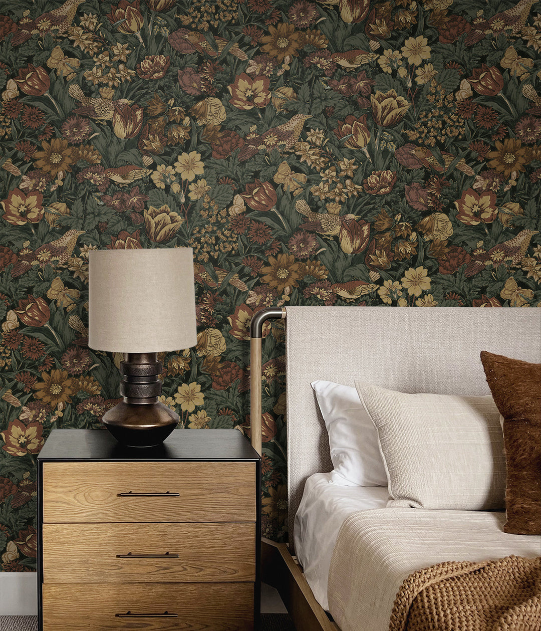 Bird Floral Prepasted Mahogany & Graphite PR11708 by Seabrook Designs Designer Wallpaper
