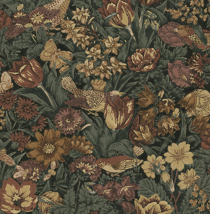 Bird Floral Prepasted Mahogany & Graphite PR11708 by Seabrook Designs Designer Wallpaper
