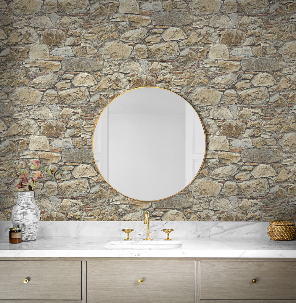 Faux Stone Wall Prepasted Toffee & Ivory PR12006 by Seabrook Designs Designer Wallpaper