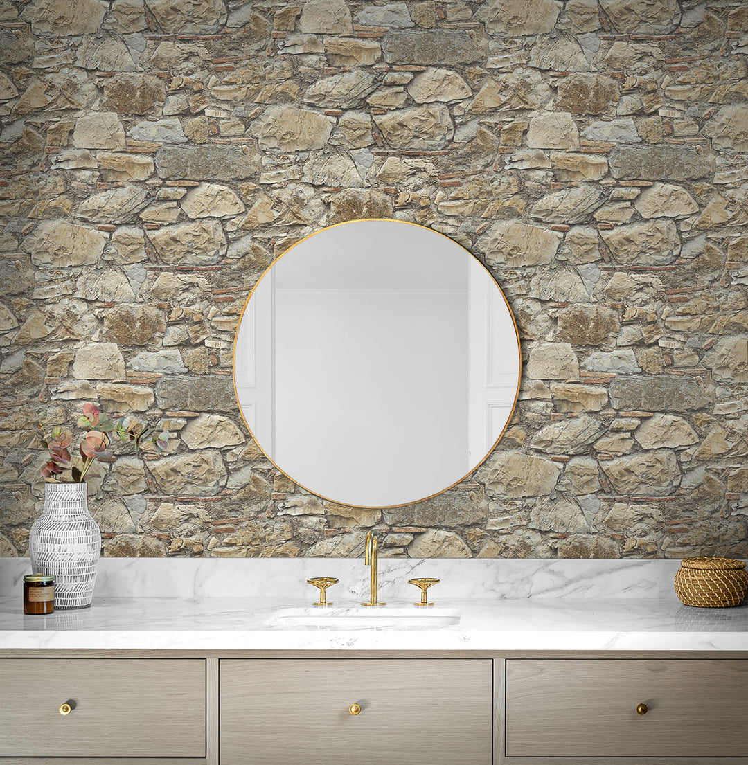 Faux Stone Wall Prepasted Toffee & Ivory PR12006 by Seabrook Designs Designer Wallpaper