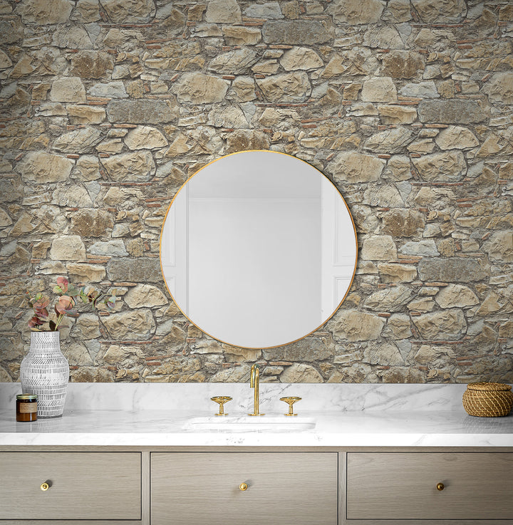 Faux Stone Wall Prepasted Toffee & Ivory PR12006 by Seabrook Designs Designer Wallpaper