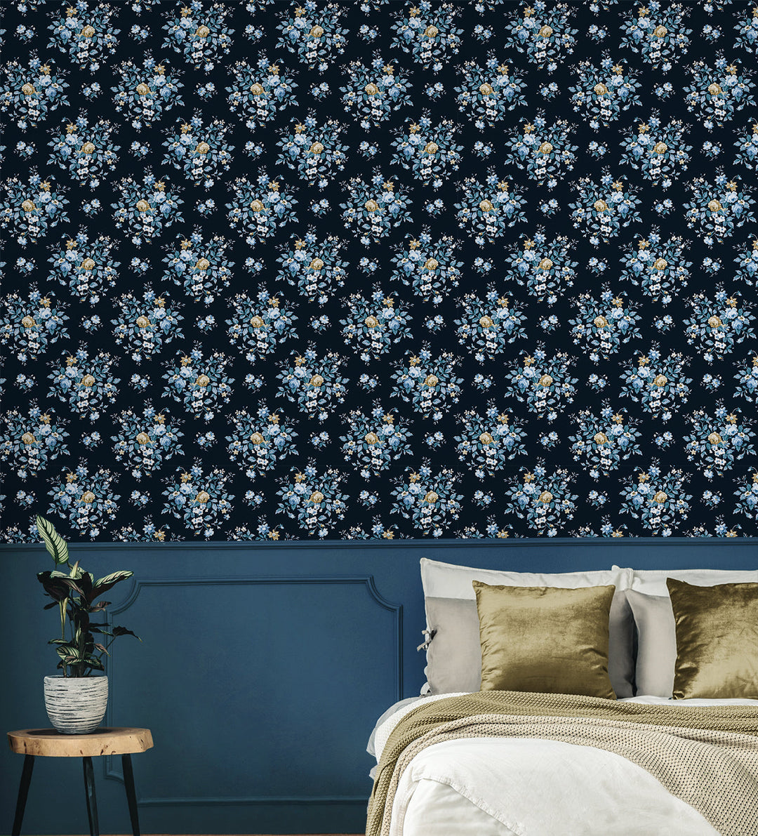 Floral Bouquet Prepasted Midnight Blue & Toffee PR12602 by Seabrook Designs Designer Wallpaper