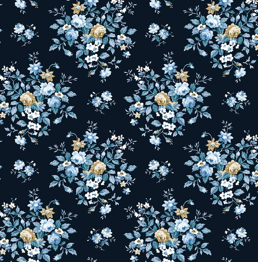 Floral Bouquet Prepasted Midnight Blue & Toffee PR12602 by Seabrook Designs Designer Wallpaper