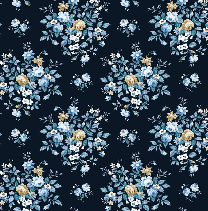 Floral Bouquet Prepasted Midnight Blue & Toffee PR12602 by Seabrook Designs Designer Wallpaper