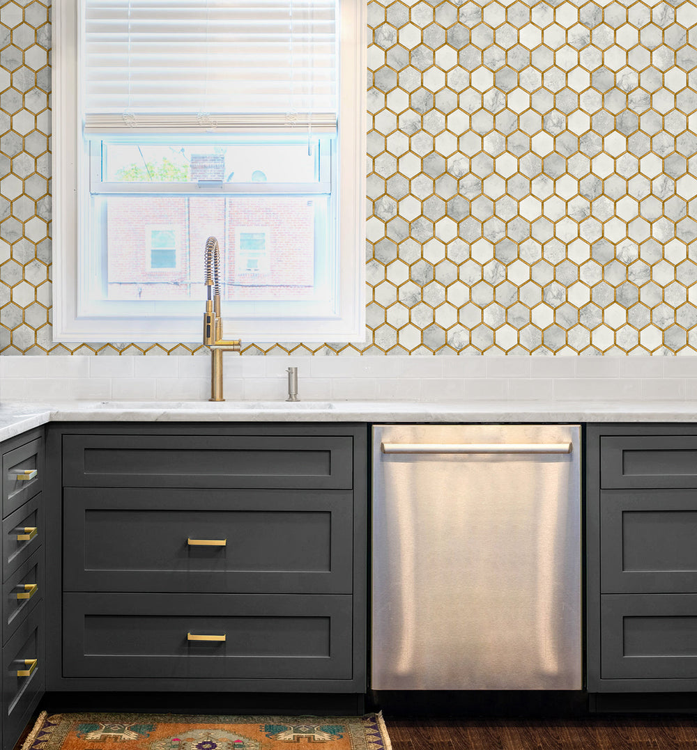 Faux Hex Tile Alaska Grey & Metallic Gold PR12905 by Seabrook Designs Designer Wallpaper
