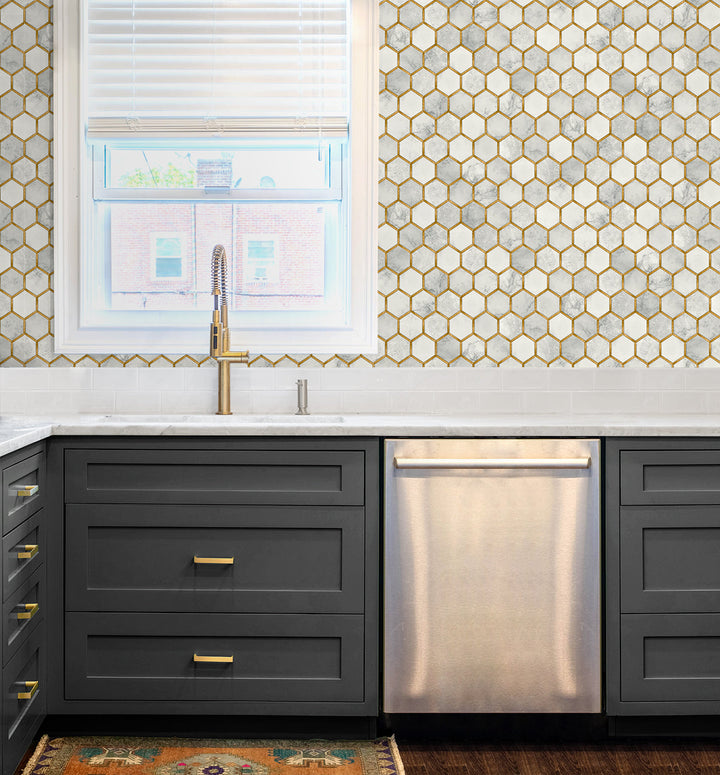 Faux Hex Tile Alaska Grey & Metallic Gold PR12905 by Seabrook Designs Designer Wallpaper