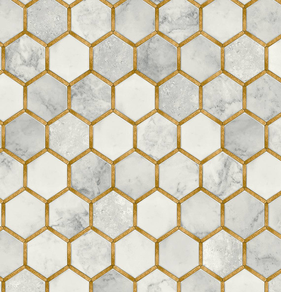 Faux Hex Tile Alaska Grey & Metallic Gold PR12905 by Seabrook Designs Designer Wallpaper