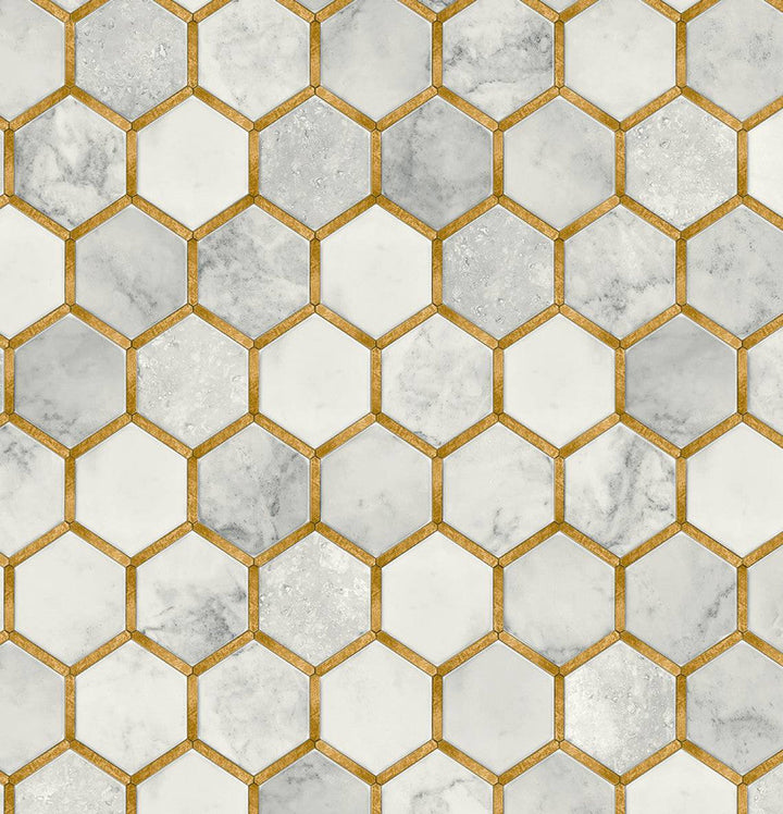 Faux Hex Tile Alaska Grey & Metallic Gold PR12905 by Seabrook Designs Designer Wallpaper