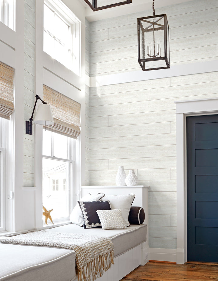 Coastal Faux Shiplap Alabaster PR13000 by Seabrook Designs Designer Wallpaper