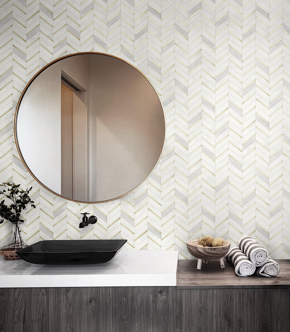 Chevron Faux Tile Gold & Pearl Grey PR13105 by Seabrook Designs Designer Wallpaper