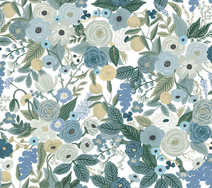 Garden Party Blue Peel & Stick Wallpaper by Rifle Paper Co. Designer Rifle Paper Co. Premium Peel & Stick Covers about 45 square feet 27-in by 20-ft long roll Peel & Stick 24 - Swanky Fabrics -