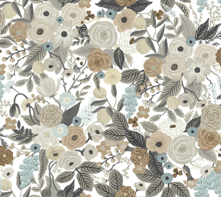 Garden Party Off White & Brown Peel & Stick Wallpaper by Rifle Paper Co. Designer Rifle Paper Co. Premium Peel & Stick Covers about 45 square feet 27-in by 20-ft long roll Peel & Stick 24 - Swanky Fabrics -