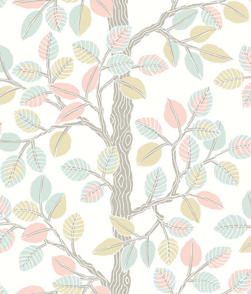 Forest Leaves Pink & Mint Peel & Stick Wallpaper by York Wallcoverings Designer York Premium Peel + Stick Covers about 34.2 square feet 20.5-in by 20-ft long roll Peel & Stick 24 - Swanky Fabrics -