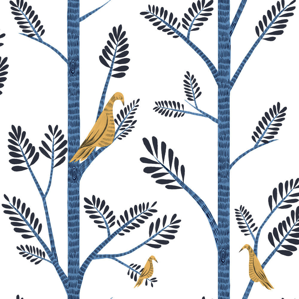 Aviary Branch Blue & Yellow Peel & Stick Wallpaper by York Wallcoverings Designer York Premium Peel + Stick Risky Business Vol. III Covers about 34.2 square feet 20.5-in by 20-ft long roll Peel & Stick 20.5 - Swanky Fabrics -