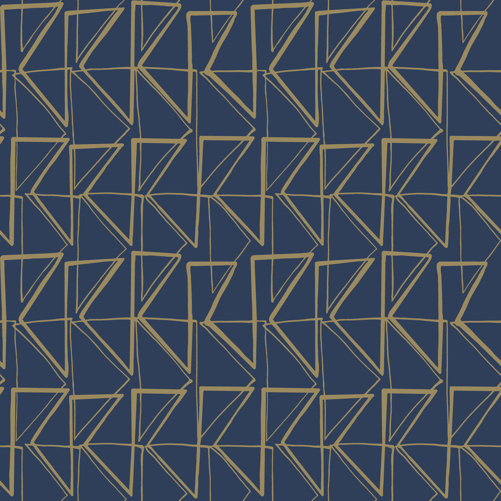 Love Triangles Blue & Gold Metallic Peel & Stick Wallpaper by York Wallcoverings Designer York Premium Peel + Stick Risky Business Vol. III Covers about 34.2 square feet 20.5-in by 20-ft long roll Peel & Stick 20.5 - Swanky Fabrics -