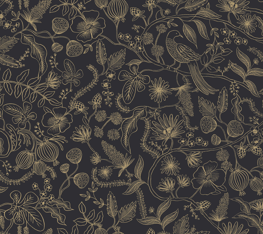 Aviary Black & Gold Peel & Stick Wallpaper by Rifle Paper Co. Designer Rifle Paper Co. Premium Peel & Stick Covers about 45 square feet 27-in by 20-ft long roll Peel & Stick 24 - Swanky Fabrics -
