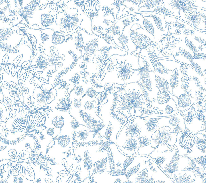 Aviary Blue & Cream Peel & Stick Wallpaper by Rifle Paper Co. Designer Rifle Paper Co. Premium Peel & Stick Covers about 45 square feet 27-in by 20-ft long roll Peel & Stick 24 - Swanky Fabrics -