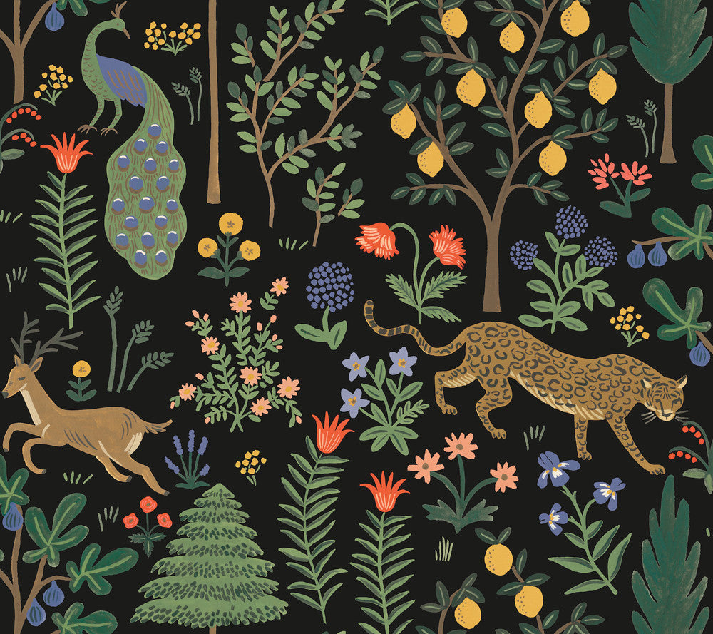Menagerie Black Peel & Stick Wallpaper by Rifle Paper Co. Designer Rifle Paper Co. Premium Peel & Stick Covers about 45 square feet 27-in by 20-ft long roll Peel & Stick 24 - Swanky Fabrics -