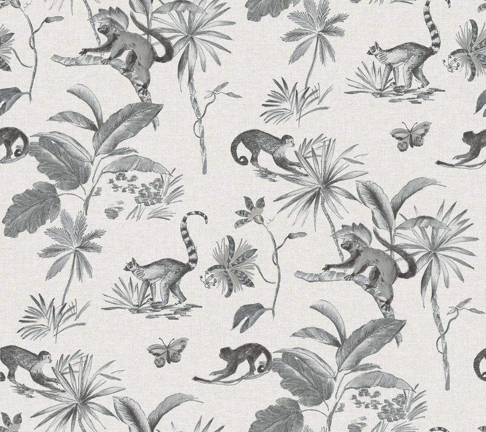 Botanicals & Lemurs Grey Peel & Stick Wallpaper by York Wallcoverings Designer Wildlife Covers about 45 square feet 27-in by 20-ft long roll Peel & Stick 24 - Swanky Fabrics -