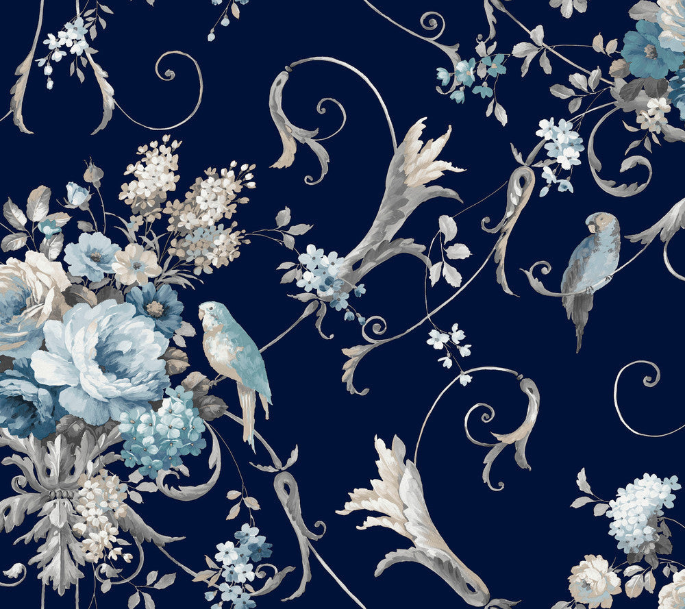 Parrots with Floral Bouquets Navy Peel & Stick Wallpaper by York Wallcoverings Designer Vintage Florals Covers about 45 square feet 27-in by 20-ft long roll Peel & Stick 24 - Swanky Fabrics -