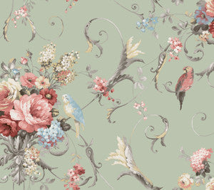 York Wallcoverings Wallpaper Parrots with Floral Bouquets Eucalyptus Peel & Stick