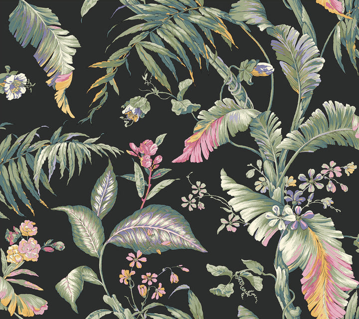 Fiji Garden Black Peel & Stick Wallpaper by York Wallcoverings Designer Vintage Florals Covers about 45 square feet 27-in by 20-ft long roll Peel & Stick 24 - Swanky Fabrics -