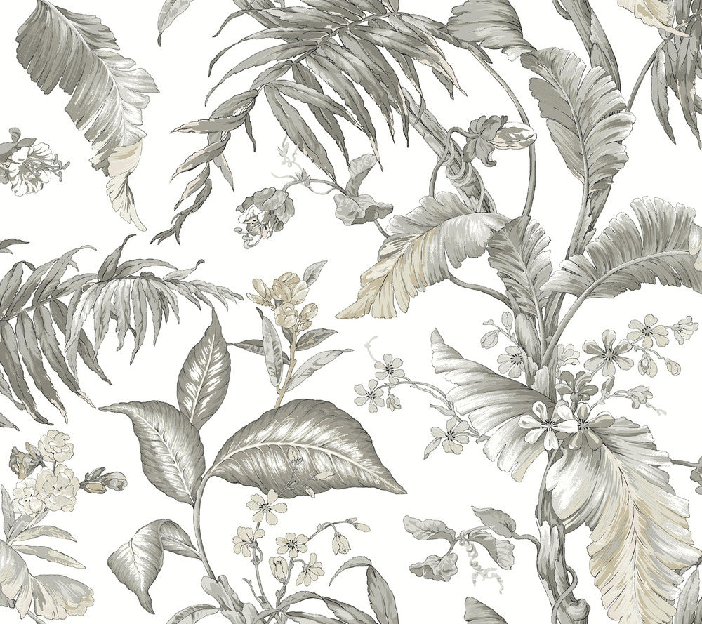 Fiji Garden White Peel & Stick Wallpaper by York Wallcoverings Designer Vintage Florals Covers about 45 square feet 27-in by 20-ft long roll Peel & Stick 24 - Swanky Fabrics -