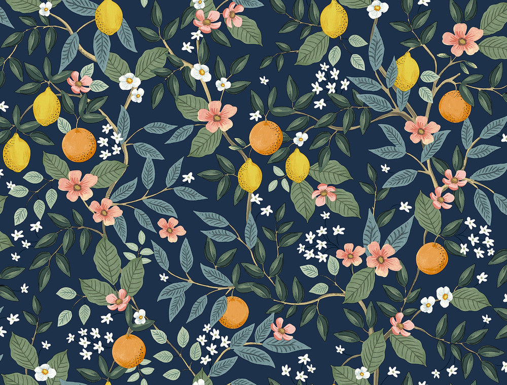 Citrus Grove Navy Peel & Stick Wallpaper by Rifle Paper Co. Designer P&S Rifle Paper 2 Covers about 45 square feet 27-in by 20-ft long roll Peel & Stick 20.5 - Swanky Fabrics -