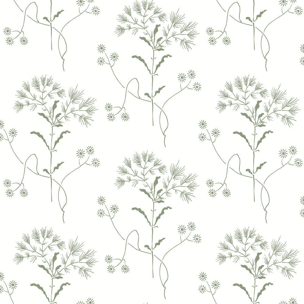 Wildflower Green Wallpaper by Magnolia Home Designer Magnolia Home Covers about 34.2 square feet 20.5-in by 20-ft long roll Peel & Stick 10.25 - Swanky Fabrics -