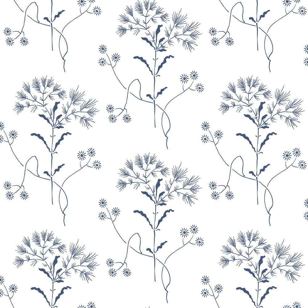 Wildflower Navy Wallpaper by Magnolia Home Designer Magnolia Home Covers about 34.2 square feet 20.5-in by 20-ft long roll Peel & Stick 10.25 - Swanky Fabrics -