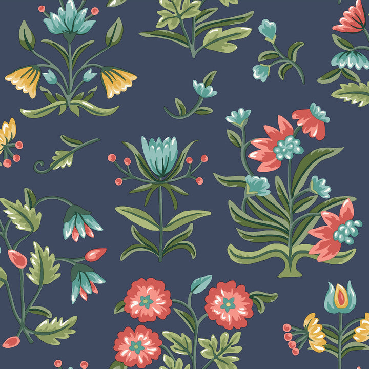 Heirloom Floral Navy Peel & Stick Wallpaper by Erin & Ben Designer Erin & Ben Co. Covers about 34.2 square feet 20.5-in by 20-ft long roll Peel & Stick 20.5 - Swanky Fabrics -