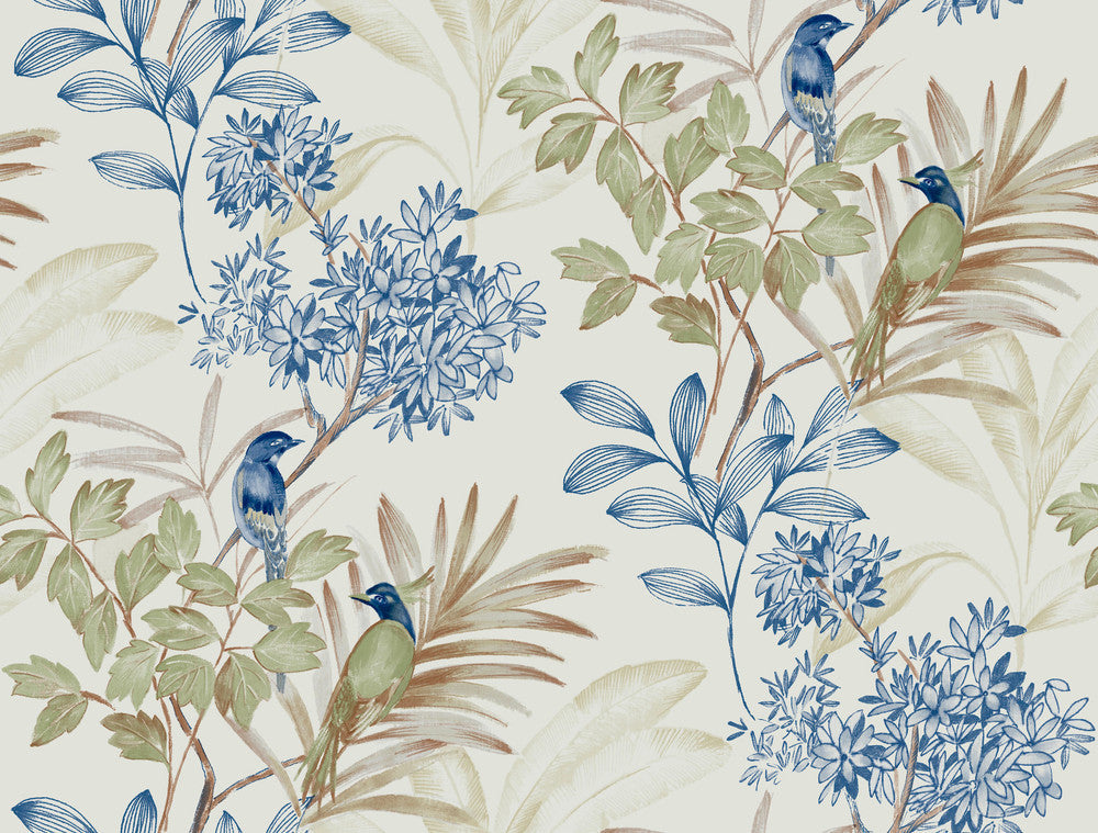 Handpainted Songbird Green & Blue Peel & Stick Wallpaper by York Wallcoverings Designer Watercolor Botanicals Covers about 45 square feet 27-in by 20-ft long roll Peel & Stick 20.5 - Swanky Fabrics -