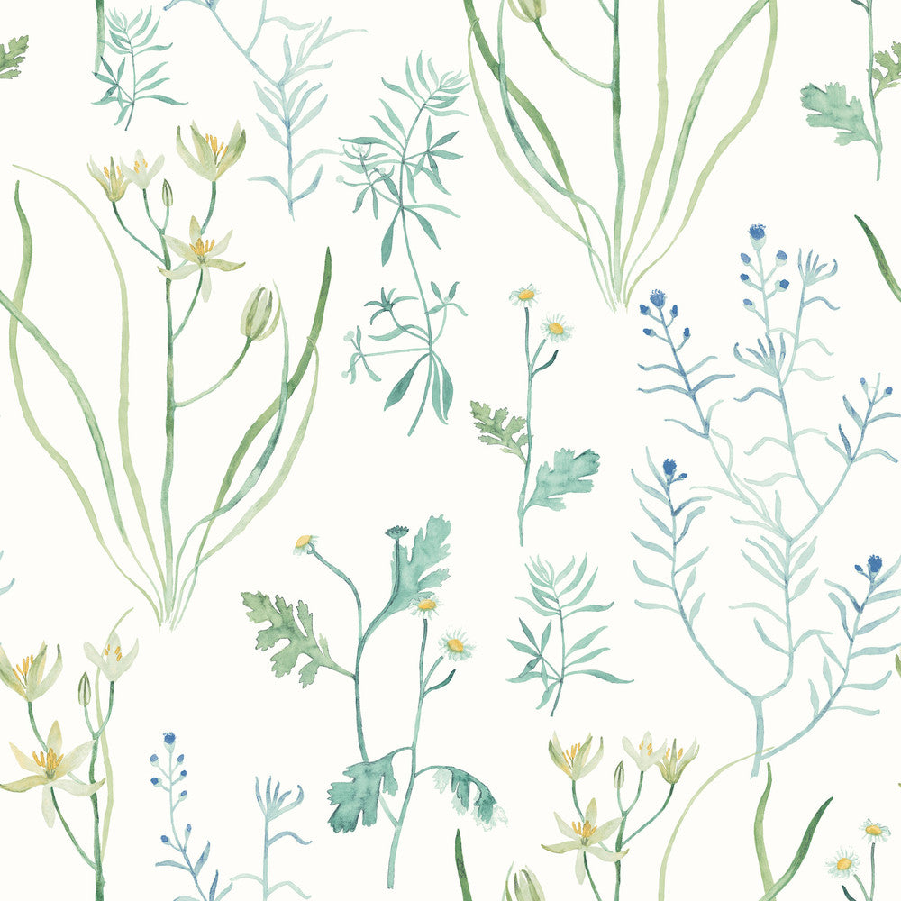 Alpine Botanical Blue Peel & Stick Wallpaper by York Wallcoverings Designer Watercolor Botanicals Covers about 34.2 square feet 20.5-in by 20-ft long roll Peel & Stick 20.5 - Swanky Fabrics -