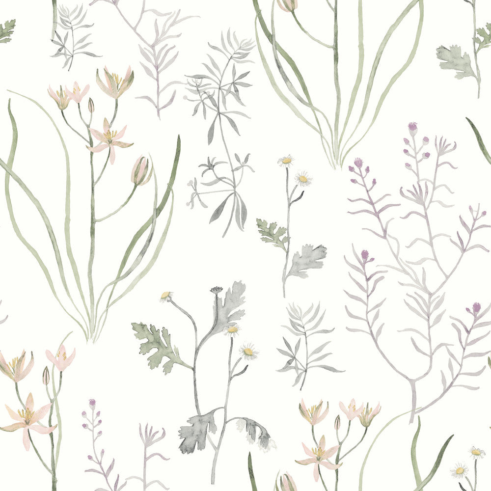 Alpine Botanical Lavender Peel & Stick Wallpaper by York Wallcoverings Designer Watercolor Botanicals Covers about 34.2 square feet 20.5-in by 20-ft long roll Peel & Stick 20.5 - Swanky Fabrics -