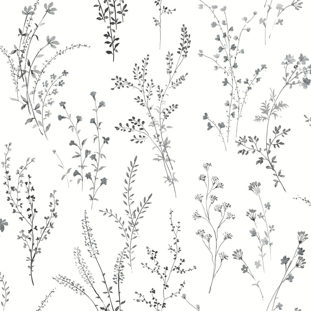 Wildflower Sprigs Black & White Peel & Stick Wallpaper by York Wallcoverings Designer Watercolor Botanicals Covers about 34.2 square feet 20.5-in by 20-ft long roll Peel & Stick 20.5 - Swanky Fabrics -