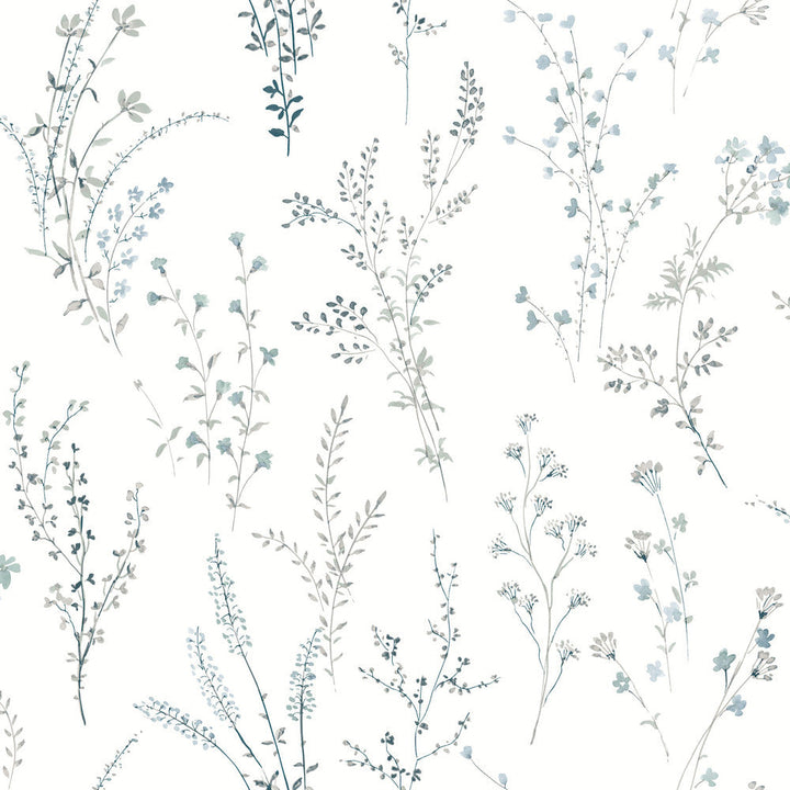 Wildflower Sprigs Blue & Green Peel & Stick Wallpaper by York Wallcoverings Designer Watercolor Botanicals Covers about 34.2 square feet 20.5-in by 20-ft long roll Peel & Stick 20.5 - Swanky Fabrics -