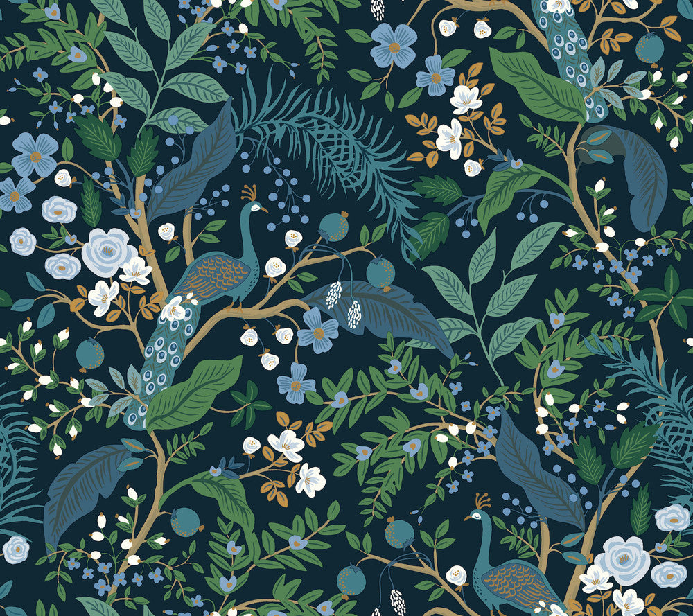 Peacock Garden Navy Peel & Stick Wallpaper by Rifle Paper Co. Designer P&S Rifle Paper 3 Covers about 45 square feet 27-in by 20-ft long roll Peel & Stick 24 - Swanky Fabrics -