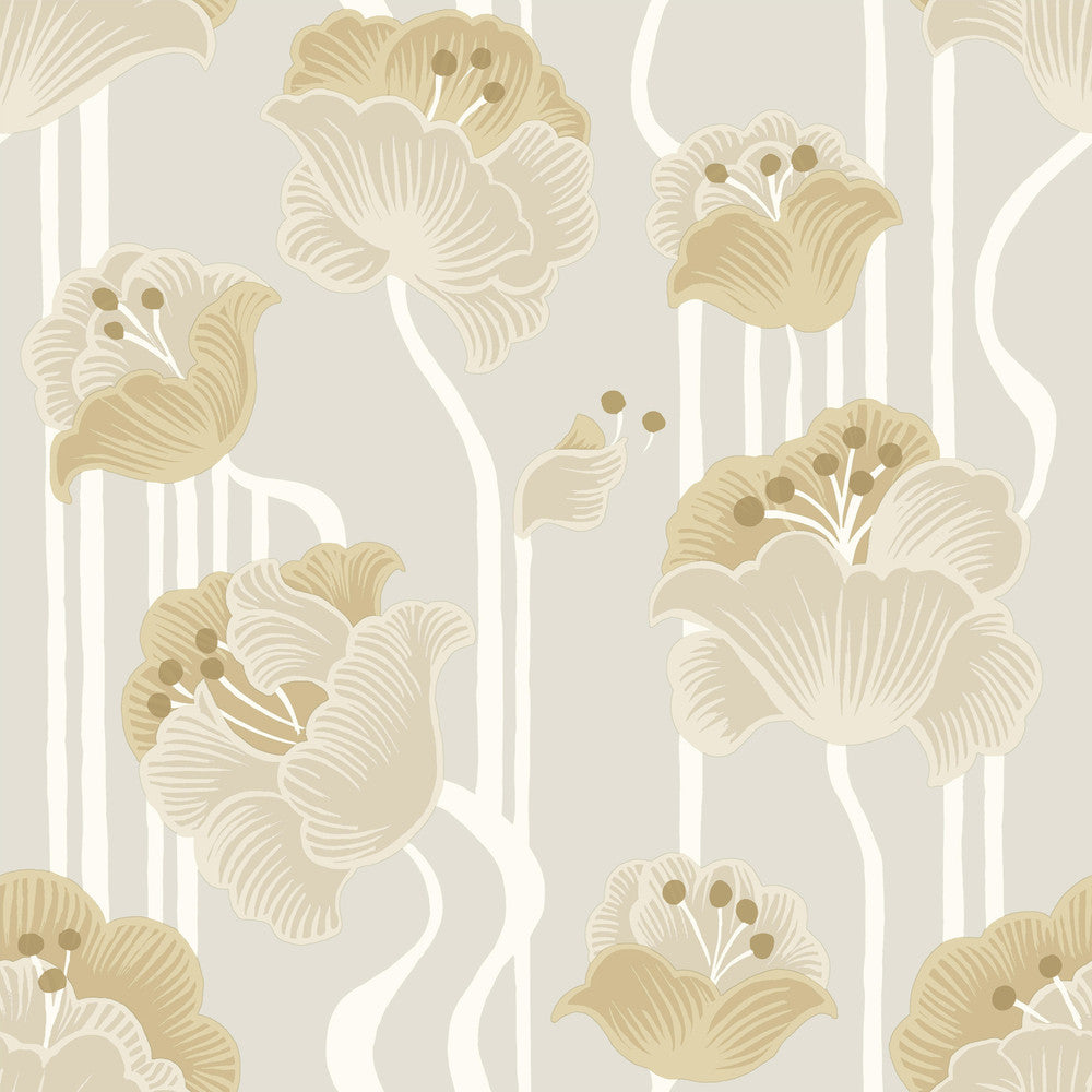 Shirley Neutral Deco Floral Peel & Stick Wallpaper by York Wallcoverings Designer Mirth Studios Covers about 34.2 square feet 20.5-in by 20-ft long roll Peel & Stick 20.5 - Swanky Fabrics -
