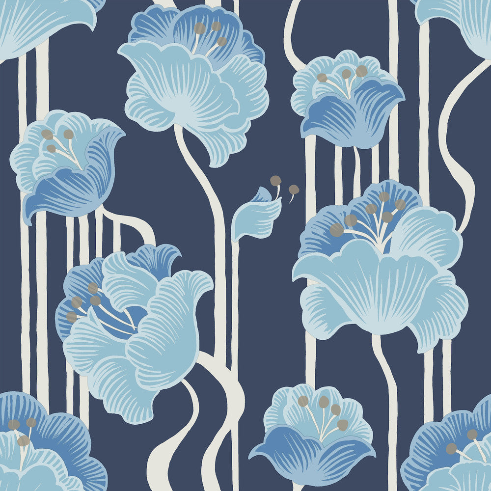 Shirley Blue Deco Floral Peel & Stick Wallpaper by York Wallcoverings Designer Mirth Studios Covers about 34.2 square feet 20.5-in by 20-ft long roll Peel & Stick 20.5 - Swanky Fabrics -