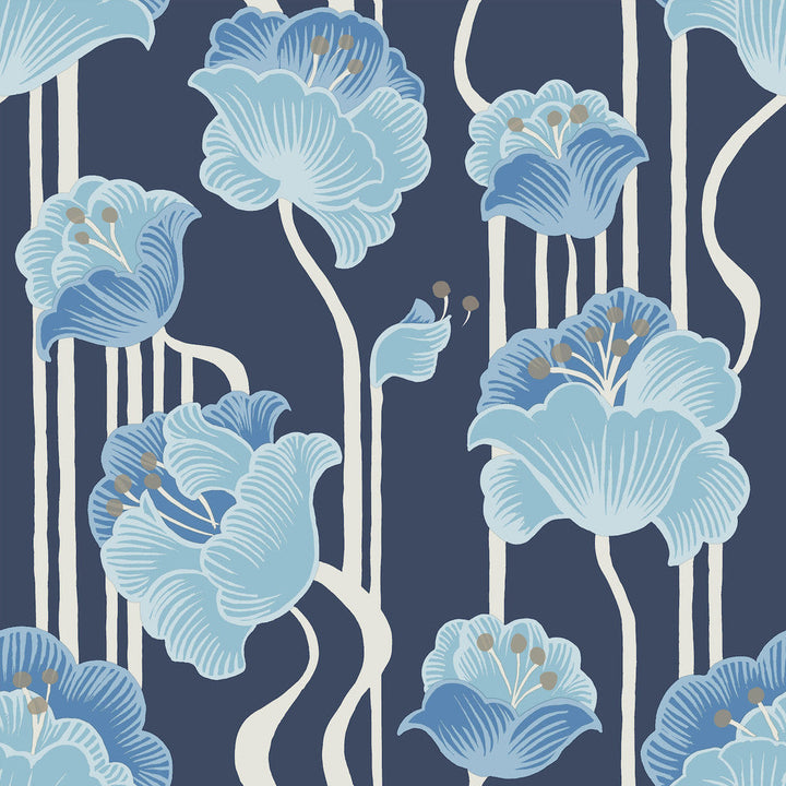 Shirley Blue Deco Floral Peel & Stick Wallpaper by York Wallcoverings Designer Mirth Studios Covers about 34.2 square feet 20.5-in by 20-ft long roll Peel & Stick 20.5 - Swanky Fabrics -